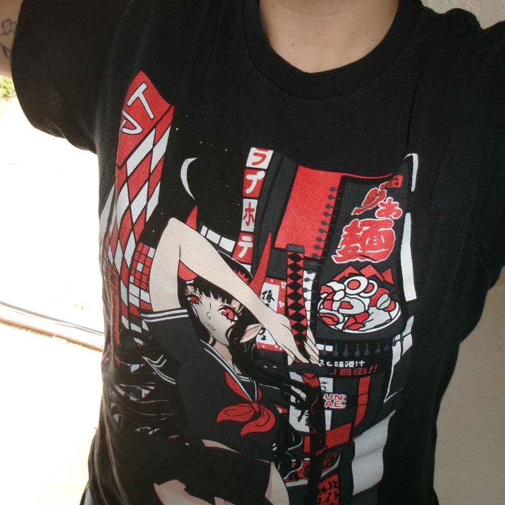 Black Anime Graphic Tee with Red & White Details